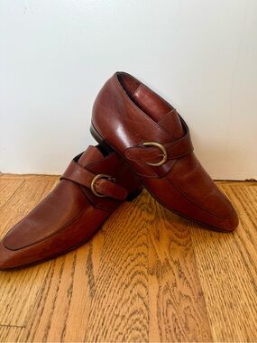 Vintage Arthur Beren Brown Leather Monk Strap Flat Shoes Brass Buckle 8.5 N